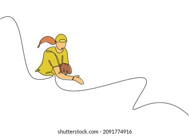 One single line drawing of young energetic woman baseball player focus to throw the ball vector illustration. Sport training concept. Modern continuous line draw design for baseball tournament banner