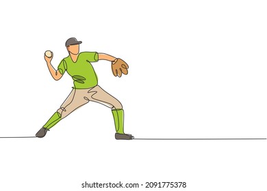 One single line drawing of young energetic man baseball player practice to throw the ball vector illustration. Sport training concept. Modern continuous line draw design for baseball tournament banner