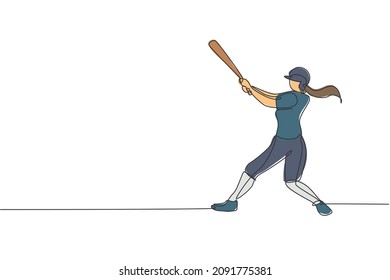 One single line drawing of young energetic woman baseball player practice to hit the ball vector illustration. Sport training concept. Modern continuous line draw design for baseball tournament banner