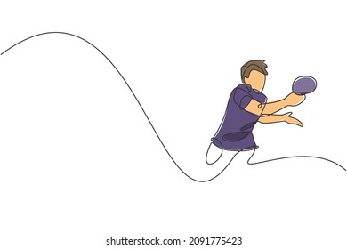 One single line drawing of young energetic man table tennis player hold the ball rival vector illustration. Sport training concept. Modern continuous line draw design for ping pong tournament banner