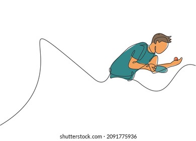 One single line drawing of young energetic man table tennis player practice serve a ball vector illustration. Sport training concept. Modern continuous line draw design for ping pong tournament banner