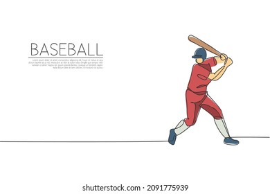 One single line drawing of young energetic man baseball player exercise to hit the ball vector illustration. Sport training concept. Modern continuous line draw design for baseball tournament banner