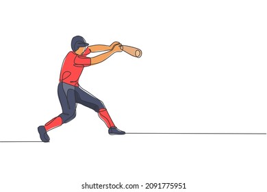 One single line drawing of young energetic man baseball player practice to hit the ball vector illustration. Sport training concept. Modern continuous line draw design for baseball tournament banner