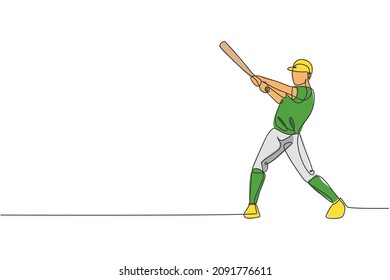 One single line drawing of young energetic man baseball player practice to hit the ball vector illustration. Sport training concept. Modern continuous line draw design for baseball tournament banner