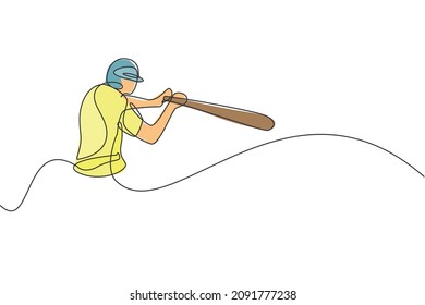 One single line drawing of young energetic man baseball player practice to hit the ball vector illustration. Sport training concept. Modern continuous line draw design for baseball tournament banner
