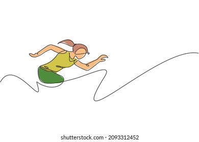One single line drawing of young energetic woman runner run fast vector graphic illustration. Individual sports, training concept. Modern continuous line draw design for running competition banner