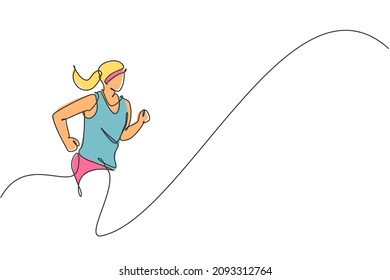 One single line drawing of young energetic woman runner run relax at track vector illustration. Individual sports, training concept. Modern continuous line draw design for running competition banner