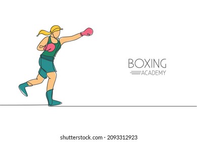 One single line drawing of young energetic woman boxer practice her jab punch vector illustration. Sport combative training concept. Modern continuous line draw design for boxing championship banner