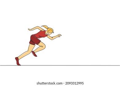 One single line drawing young energetic woman runner focus to sprint vector illustration graphic. Individual sports, training concept. Modern continuous line draw design for running competition banner