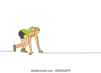 One single line drawing of young happy runner woman ready at start pole position graphic vector illustration. Healthy lifestyle and competitive sport concept. Modern continuous line draw design