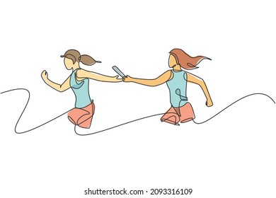 One Single Line Drawing Young Happy Runner Women Pass Baton Stick To Her Friend At Race Graphic Vector Illustration. Healthy Lifestyle And Competitive Sport Concept. Modern Continuous Line Draw Design