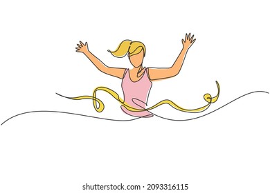 One single line drawing of young happy runner woman pass finish line and hit ribbon vector graphic illustration. Healthy lifestyle and competitive sport concept. Modern continuous line draw design