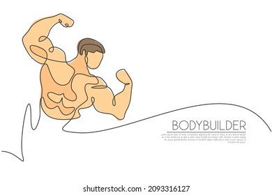 One single line drawing of young energetic model man bodybuilder posed vector illustration. Healthy workout concept. Modern continuous line draw design for bodybuilding fitness center club logo icon