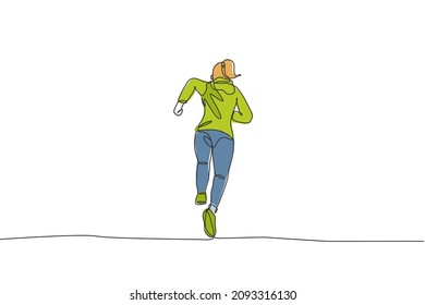 One single line drawing of young happy runner woman wearing hoodie exercise to improve stamina vector illustration. Healthy lifestyle and competitive sport concept. Modern continuous line draw design