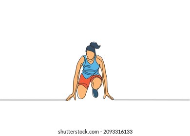 One single line drawing of young energetic woman runner ready to sprint at start line vector illustration. Healthy sport training concept. Modern continuous line draw design for running race banner