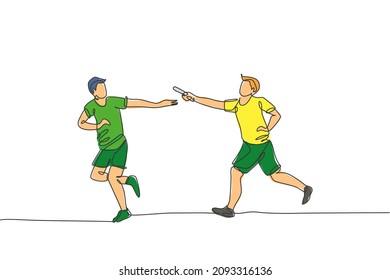 One Single Line Drawing Young Happy Runner Man Pass Baton Stick To His Teammate At Race Vector Graphic Illustration. Healthy Lifestyle And Competitive Sport Concept. Modern Continuous Line Draw Design