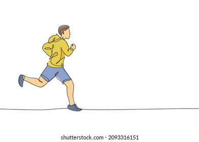 Un dibujo de una sola línea de un joven corredor feliz usando ejercicio de azadón para mejorar la ilustración del vector de resistencia. Estilo de vida saludable y concepto deportivo competitivo. Diseño de traza de línea continua moderna