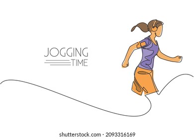 One single line drawing of young energetic woman runner run relax with music from smartphone vector illustration. Healthy sport training concept. Modern continuous line draw design for running banner