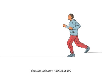 One single line drawing of young energetic man runner run relax at the morning vector illustration graphic. Healthy sport training concept. Modern continuous line draw design for running race banner