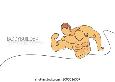 One single line drawing of young energetic model man bodybuilder posed vector illustration. Healthy workout concept. Modern continuous line draw design for bodybuilding fitness center logo and icon