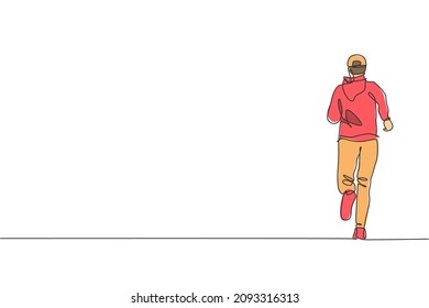 Eine einzige Linie, die junge energetische Mann Läufer laufen entspannen in der Straße Straße, Vektorgrafik. Gesundes Sportübungskonzept. Modernes Design für die fortlaufende Linienzeichnung von Rennbannern