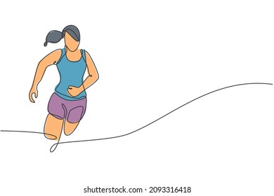 One single line drawing young energetic woman runner focus running on city road graphic vector illustration. Healthy sport training concept. Modern continuous line draw design for running race banner
