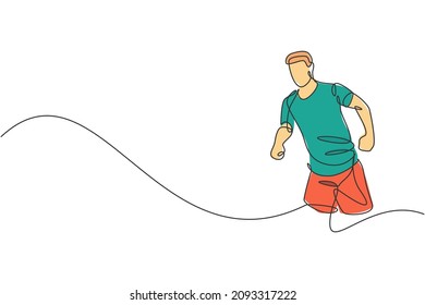 One single line drawing of young happy runner man exercise to improve stamina graphic vector illustration. Healthy lifestyle and competitive sport concept. Modern continuous line draw design