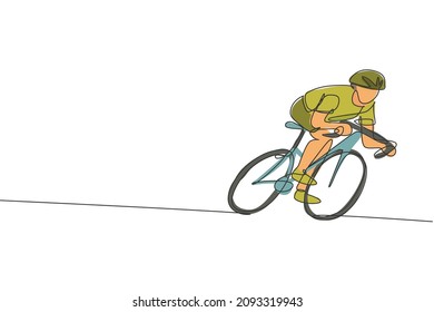 One single line drawing young energetic man bicycle racer focus training his speed vector graphic illustration. Racing cyclist concept. Modern continuous line draw design for cycling tournament banner