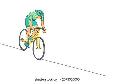 One single line drawing of young energetic man bicycle racer focus to chase after rival vector illustration. Racing cyclist concept. Modern continuous line draw design for cycling tournament banner