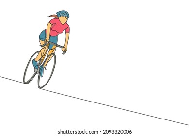 One single line drawing young energetic woman bicycle racer race at cycling track graphic vector illustration. Racing cyclist concept. Modern continuous line draw design for cycling tournament banner