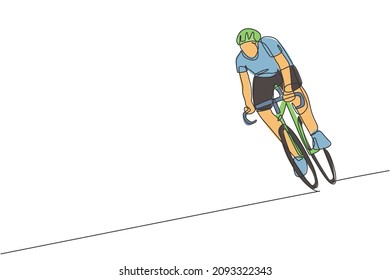 One single line drawing of young energetic man bicycle racer training in the road graphic vector illustration. Racing cyclist concept. Modern continuous line draw design for cycling tournament banner