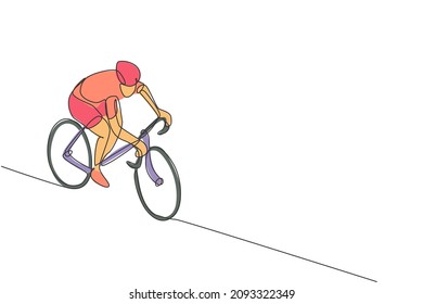 One single line drawing of young energetic man bicycle racer race at cycling track vector graphic illustration. Racing cyclist concept. Modern continuous line draw design for cycling tournament banner