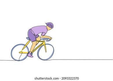 One single line drawing of young energetic man bicycle racer improve his speed at training session vector illustration. Racing cyclist concept. Continuous line draw design for cycling event banner