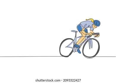 One single line drawing young energetic woman bicycle racer focus train her speed vector graphic illustration. Racing cyclist concept. Modern continuous line draw design for cycling tournament banner