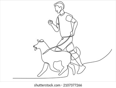 One single line drawing of young happy boy giving high five gesture to his puppy dog at outfield park. Pet care and friendship concept. Continuous line draw graphic design vector illustration