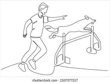 One single line drawing of young happy boy giving high five gesture to his puppy dog at outfield park. Pet care and friendship concept. Continuous line draw graphic design vector illustration