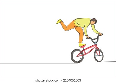Un dibujo de una sola línea de un jóven ciclista bmx que realiza trucos de estilo libre en la ilustración de vector callejero. Concepto deportivo extremo. Diseño moderno de traza continua de líneas para banner de competición estilo libre
