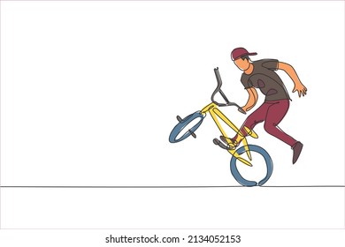 One single line drawing of young bmx bicycle rider performing freestyle trick on street vector illustration. Extreme sport concept. Modern continuous line draw design for freestyle competition banner