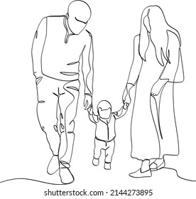 Un dibujo de una sola línea de la joven y feliz mamá de la familia y papá llevó a su hijo caminando juntos sosteniendo sus manos vectorial ilustración gráfica. Concepto de educación parental. Diseño de traza de línea continua moderna