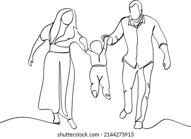 Un dibujo de una sola línea de la joven y feliz mamá de la familia y papá llevó a su hijo caminando juntos sosteniendo sus manos vectorial ilustración gráfica. Concepto de educación parental. Diseño de traza de línea continua moderna