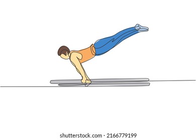 One single line drawing of young handsome gymnast man exercising parallel bars vector graphic illustration. Healthy lifestyle and athletic sport concept. Modern continuous line draw design