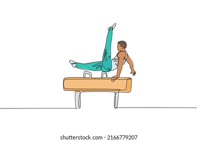 One single line drawing of young handsome gymnast man exercising pommel horse vector graphic illustration. Healthy lifestyle and athletic sport concept. Modern continuous line draw design