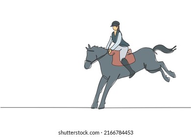 One single line drawing of young horse rider man performing dressage jumping test vector illustration graphic. Equestrian sport show competition concept. Modern continuous line draw design