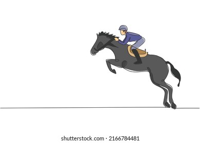 One single line drawing of young horse rider man performing dressage jumping test vector graphic illustration. Equestrian sport show competition concept. Modern continuous line draw design