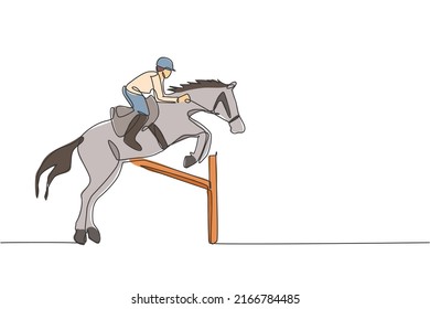 One single line drawing of young horse rider man performing dressage jumping the hurdle test vector illustration graphic. Equestrian sport show competition concept. Modern continuous line draw design