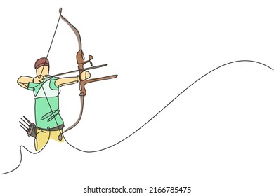 One single line drawing of young archer man focus exercising archery to hit the target graphic vector illustration. Healthy refresh shooting with bow sport concept. Modern continuous line draw design