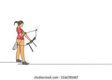 One single line drawing of young archer woman focus exercising archery to hit target graphic vector illustration. Healthy refresh shooting with bow sport concept. Modern continuous line draw design