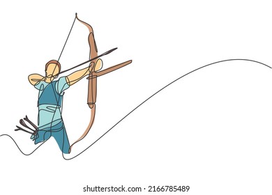 One single line drawing of young archer man focus exercising archery to hit the target vector graphic illustration. Healthy refresh shooting with bow sport concept. Modern continuous line draw design