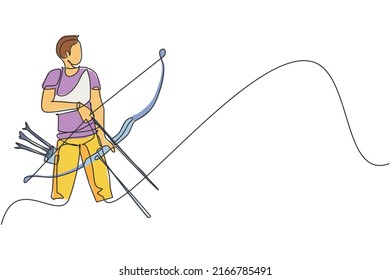 Un dibujo de una sola línea de un joven arquero enfocado a practicar tiro con arco para impactar en el gráfico de ilustraciones vectoriales objetivo. Grabación de refresco saludable con el concepto de deporte de arco. Diseño de traza de línea continua moderna