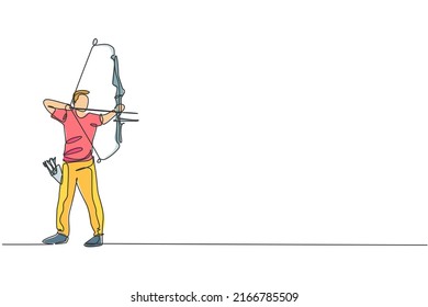Un dibujo de una sola línea de un joven arquero enfocado a practicar tiro con arco para alcanzar la ilustración vectorial gráfica objetivo. Grabación de refresco saludable con el concepto de deporte de arco. Diseño de traza de línea continua moderna